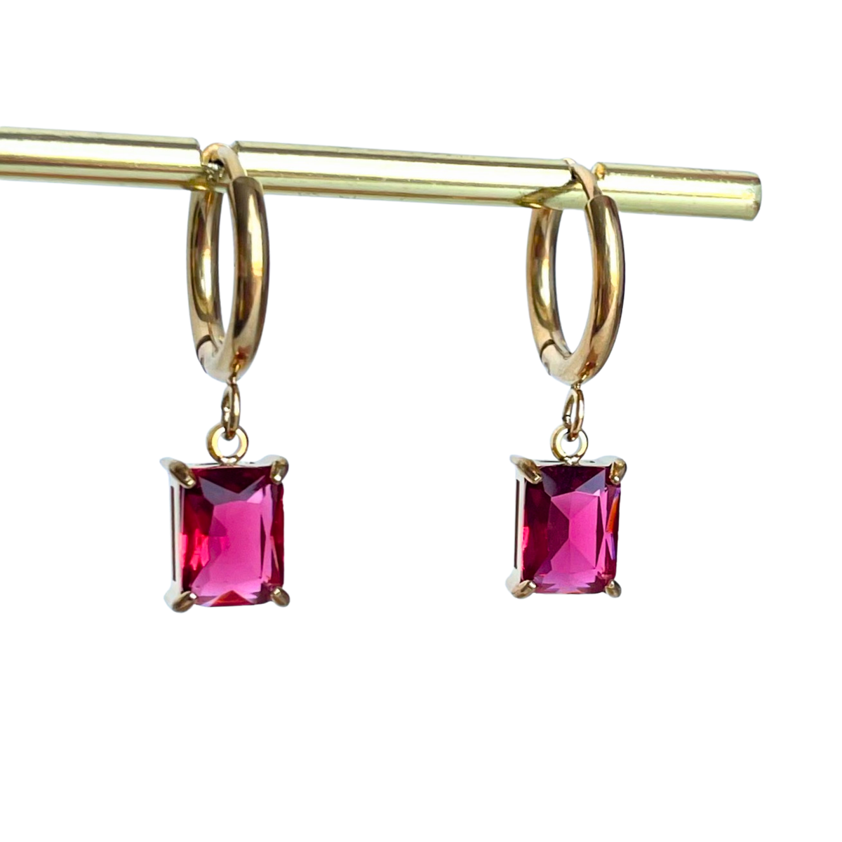 Crystal Drop Earrings - Rose, gold hoop with pink cubic zirconia drop
