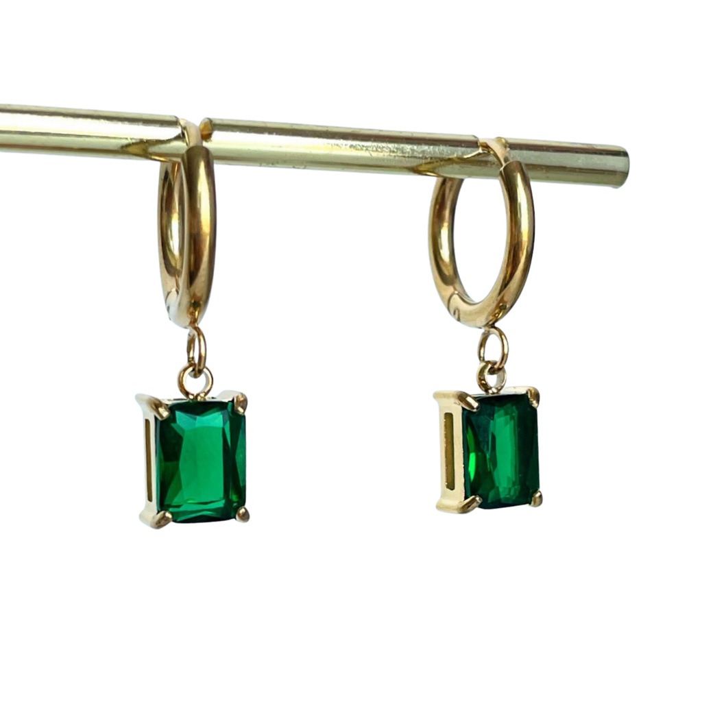 Crystal Drop Earrings - Emerald, gold hoop with green cubic zirconia drop