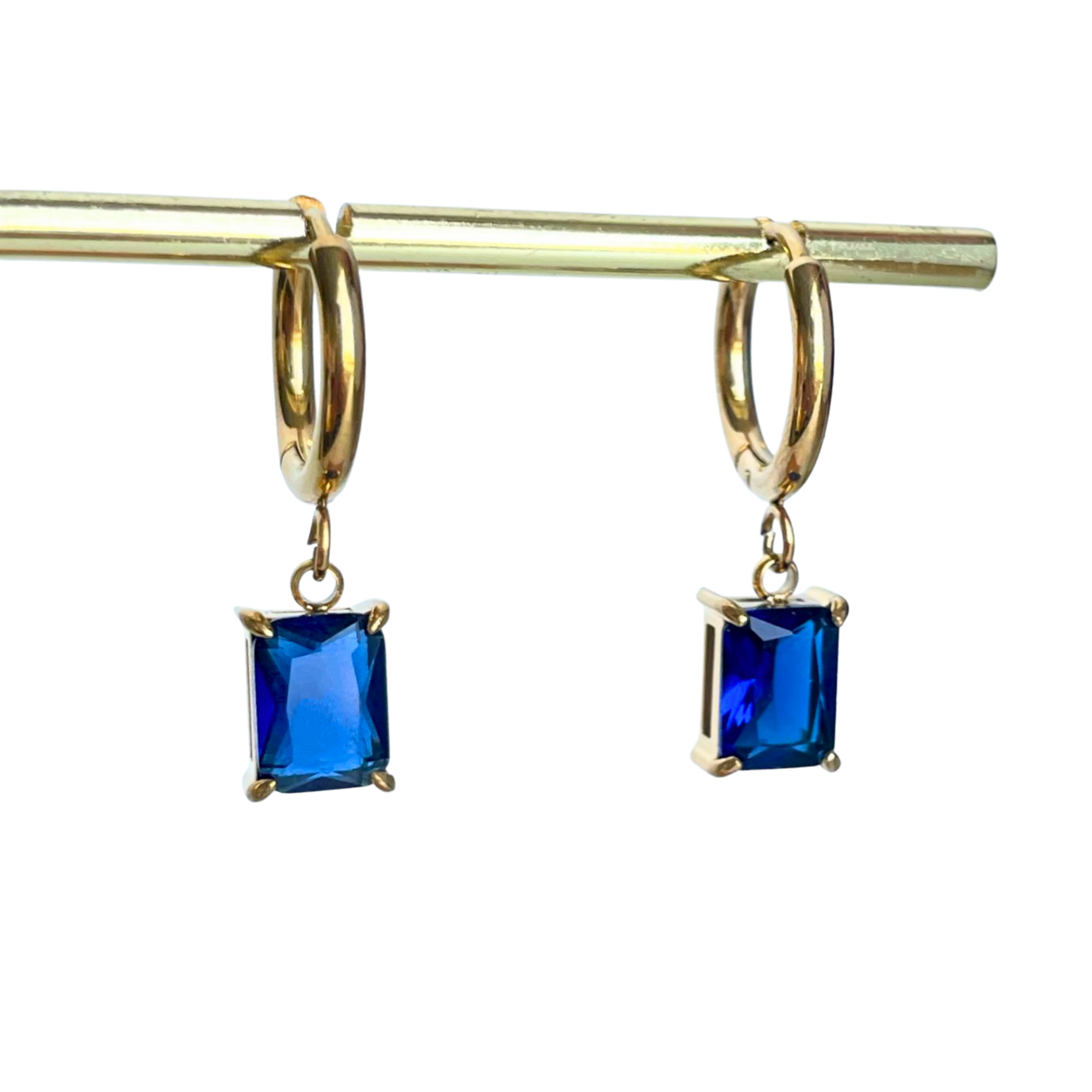 Crystal Drop Earrings - Sapphire, gold hoop with blue cubic zirconia drop