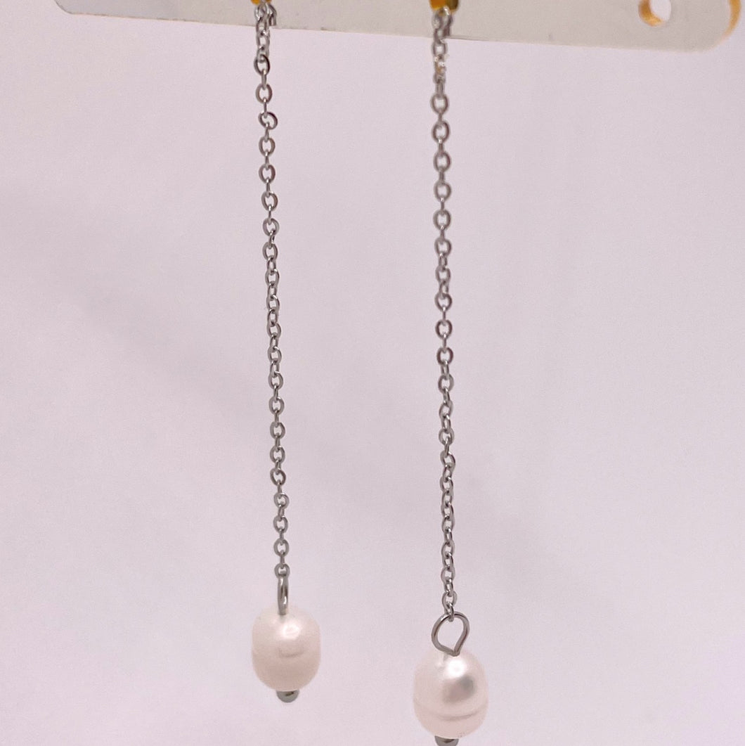 Long Pearl Drop Earrings - Silver