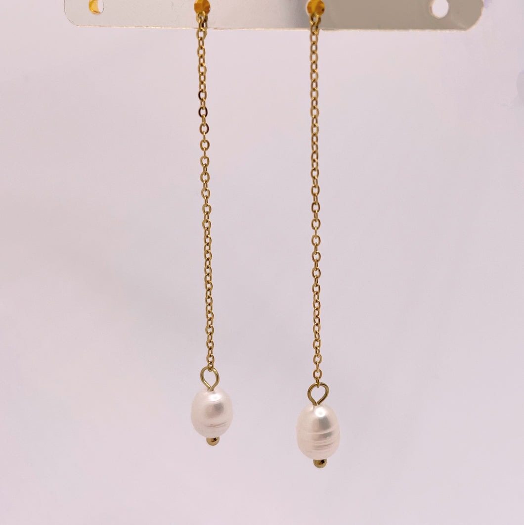 Long Pearl Drop Earrings - Gold